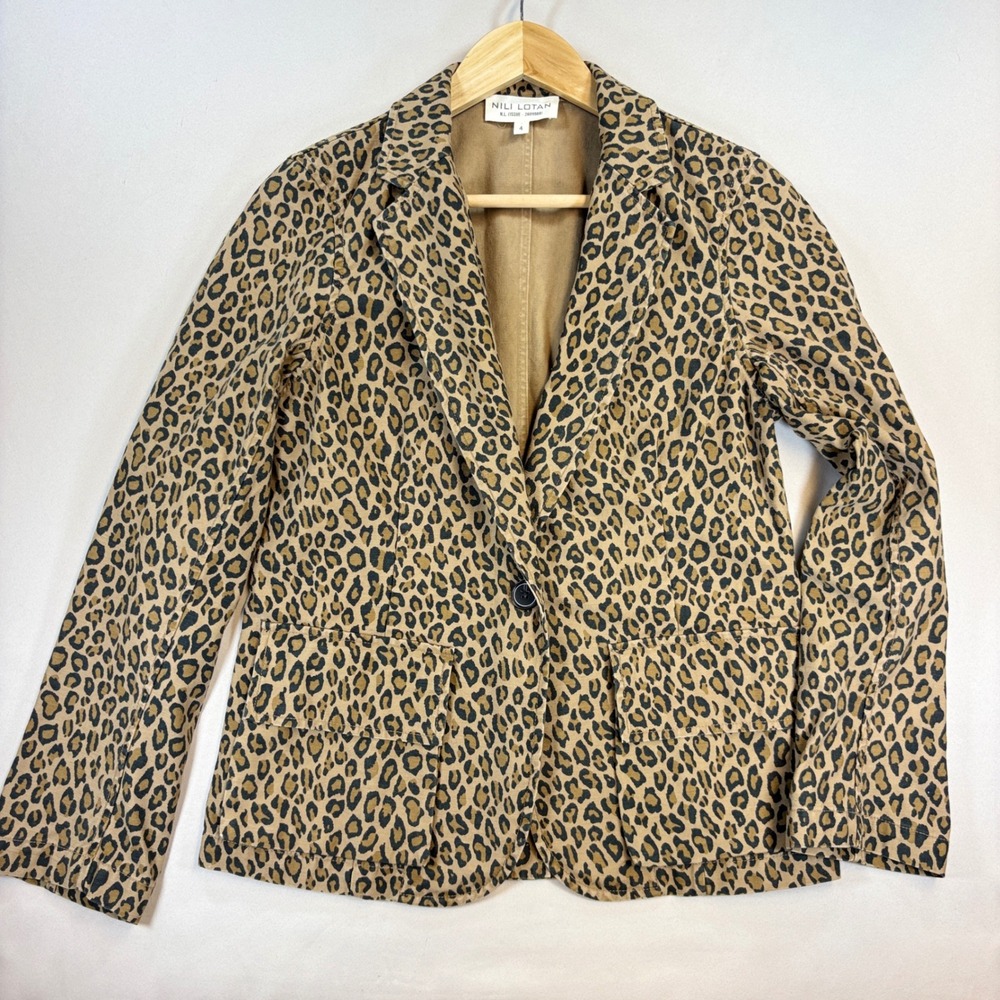 Nili Lotan Blazer Womens 4 Leopard Animal Print Cotton Jacket Quiet Luxury